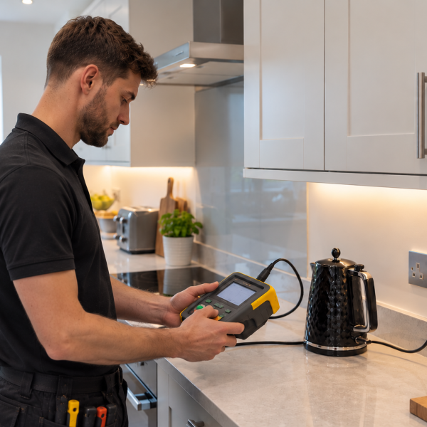 Slim Technician Testing Kitchen Appliance